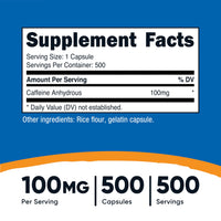 Thumbnail for Nutricost Caffeine Pills 100mg, 500 Capsules