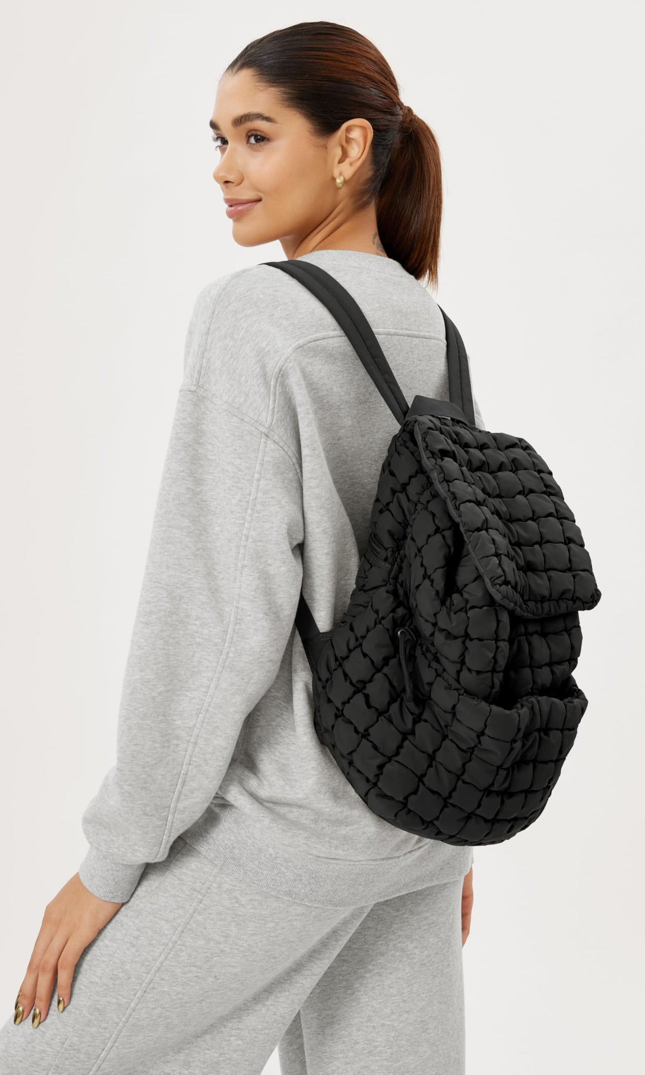 ODODOS Quilted Backpack 2.0 for Women Lightweight Puffer Hiker Pack Drawstring Padding Travel Gym Bag, Black