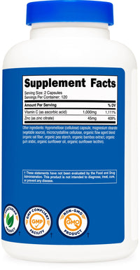 Thumbnail for Nutricost Vitamin C with Zinc Capsules, 120 Servings - 1000mg, 45mg Zinc, Non-GMO, Gluten Free Vitamin C Supplement