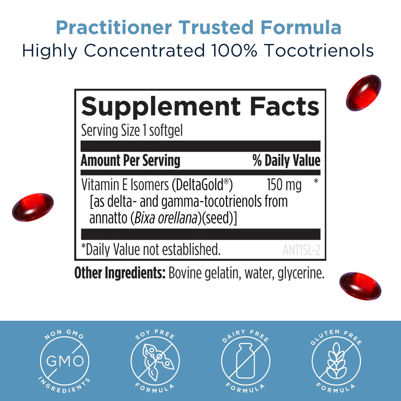 Designs for Health Annatto-E 150mg Tocotrienols - DeltaGold Vitamin E Complex Supplement with Delta + Gamma Tocotrienols - Cardiovascular, Healthy Aging + Antioxidant Support - Non-GMO (60 Softgels)