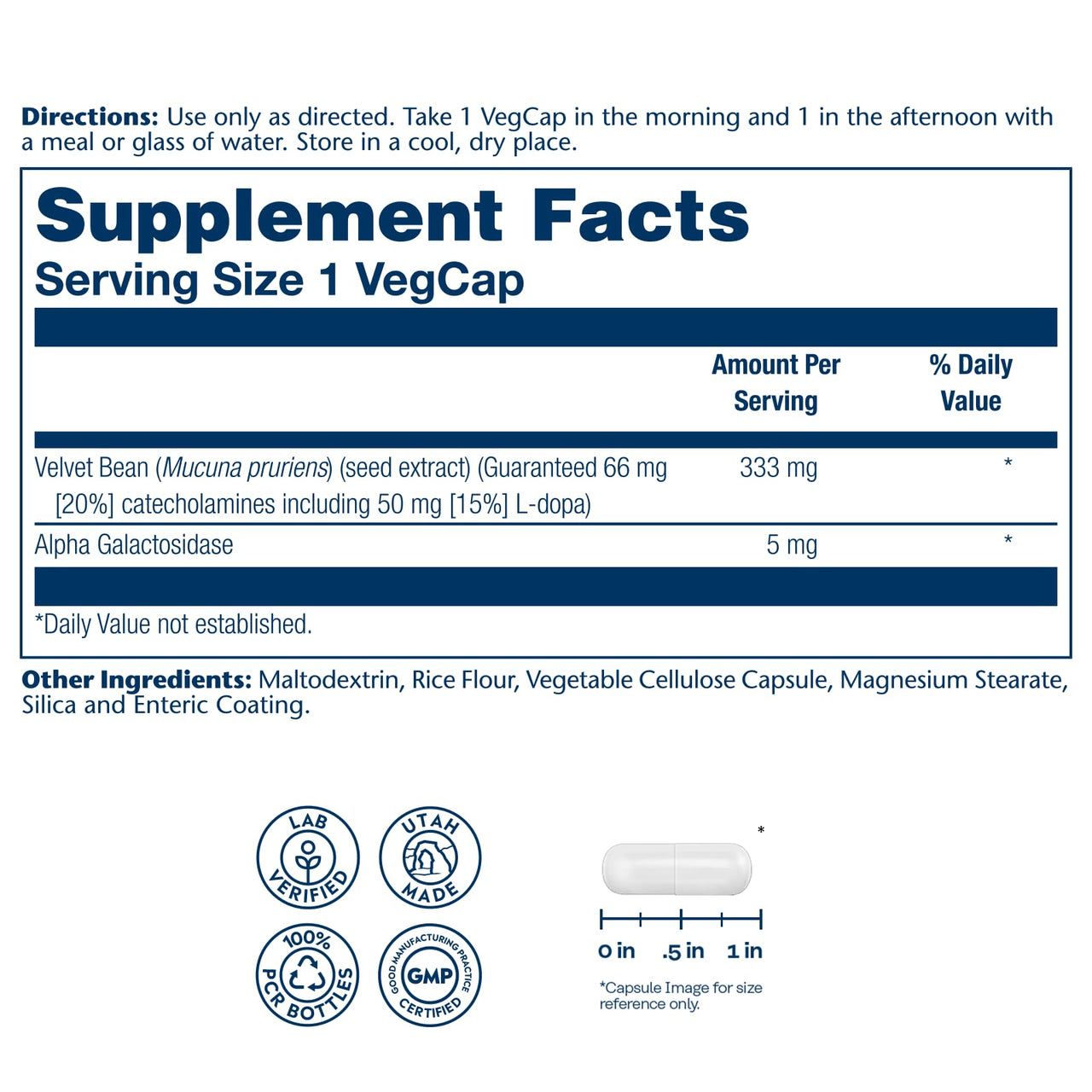 SOLARAY Dopabean 333mg - Mucuna Pruriens L-Dopa - Wellness Support Supplement - Velvet Beans Seed Extract with 15% L Dopa Plus Alpha Galactosidase - Enteric Coated, 60-Day Guarantee - 60 Servings