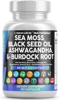 Thumbnail for Clean Nutraceuticals Sea Moss Black Seed Oil Ashwagandha Turmeric Bladderwrack Burdock & Vitamin C Vitamin D3 with Elderberry Manuka Dandelion Yellow Dock Iodine Chlorophyll ACV