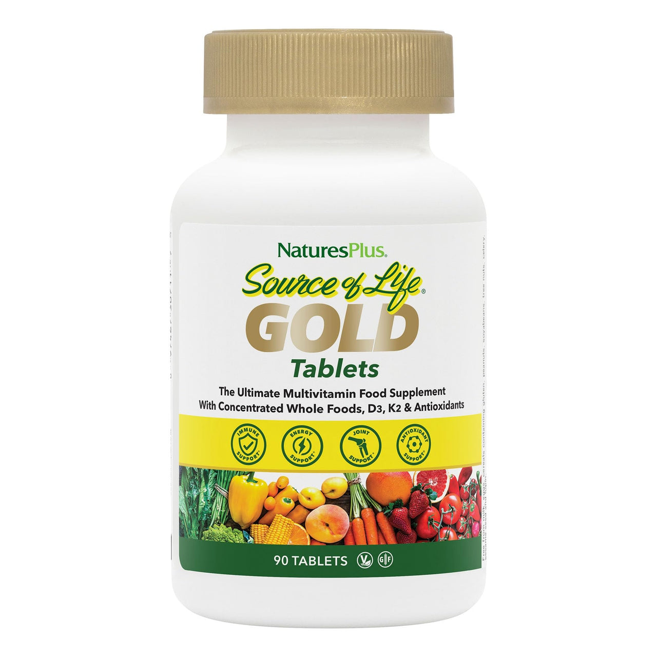 NaturesPlus Source of Life GOLD Multivitamin - 90 Tablets - With Vitamins D3, B12 & K2 - Blood, Bone & Immune Support - Vegetarian & Gluten Free - 30 Servings