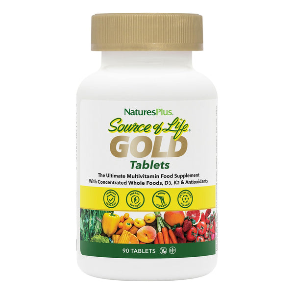 NaturesPlus Source of Life GOLD Multivitamin - 90 Tablets - With Vitamins D3, B12 & K2 - Blood, Bone & Immune Support - Vegetarian & Gluten Free - 30 Servings
