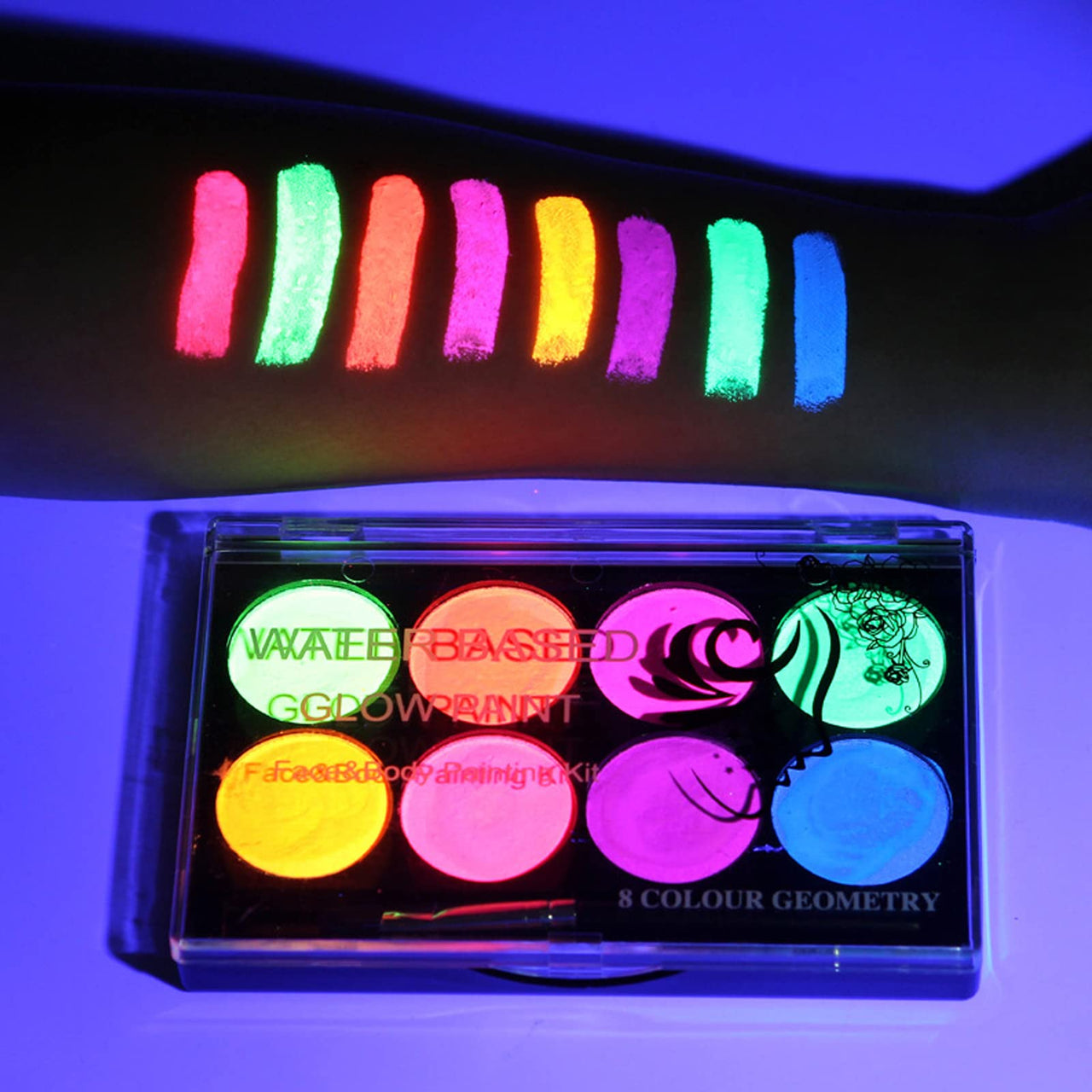 MEICOLY Neon Face Paint,UV Blacklight Glow Face Paint,8 Bright Colors Neon Fluorescent Rave Body Paint Palette,Water Activated Eyeliner,Water Based Glow In The Dark Halloween Washable for Kids Adults