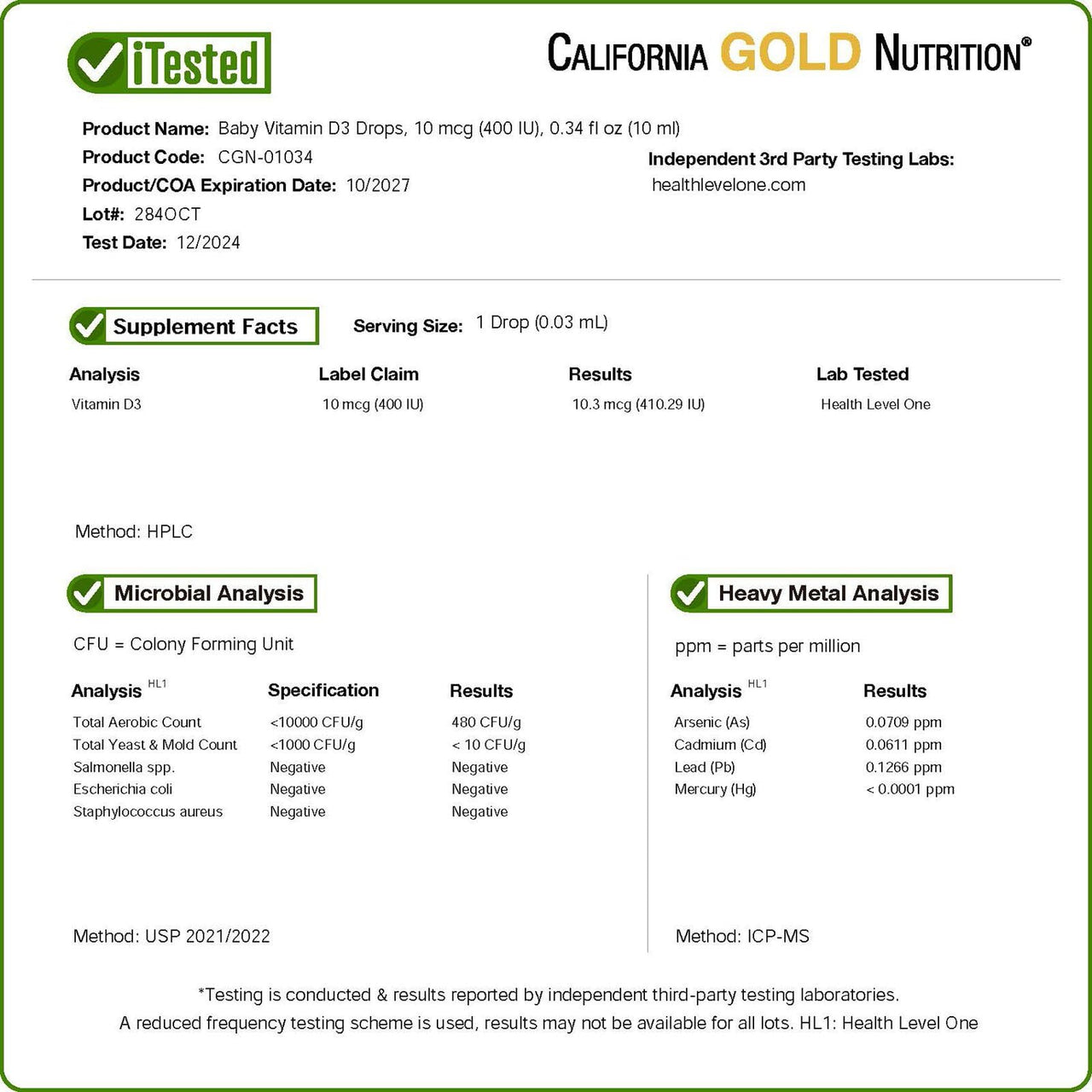 California Gold Nutrition Baby Vitamin D3 by - Liquid D3 Supplement for Babies, Vegetarian Friendly - Alcohol & Gluten Free, Non-GMO - 10 mcg (400 IU) - 0.34 fl oz (10 ml)