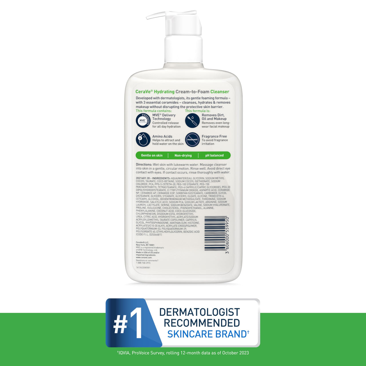 CeraVe Hydrating Cream To Foam Cleanser, Makeup Remover Face Wash For Dry Skin, Foaming Facial Cleanser With Hyaluronic Acid, Normal To Dry Skin, Fragrance Free & Non Comedogenic, 19 Fluid Ounce