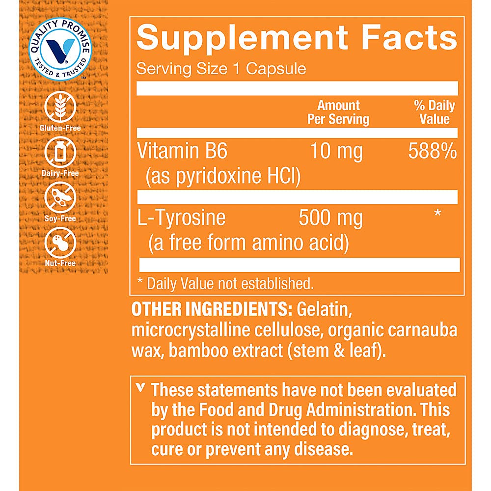 The Vitamin Shoppe L-Tyrosine 500mg - Mental Focus & Stress Support | Free-Form Amino Acid | 300 Capsules | Cognitive Health