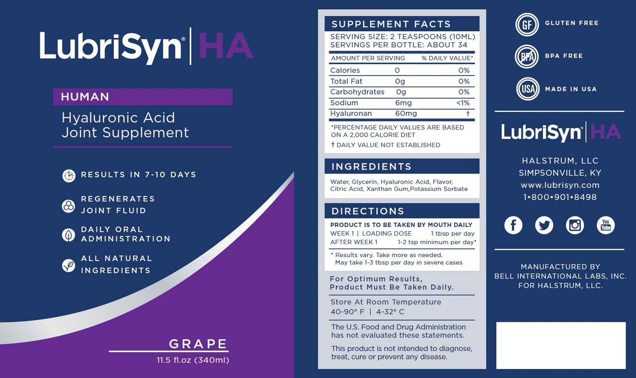 Lubrisyn Hyaluronic Acid Oral Joint Supplement â€“ Liquid HA Formula for Humans â€“ Promotes Joint Support, Mobility, Flexibility, Hydration & Healthy Function for Men & Women â€“ Grape Flavor 11.5oz