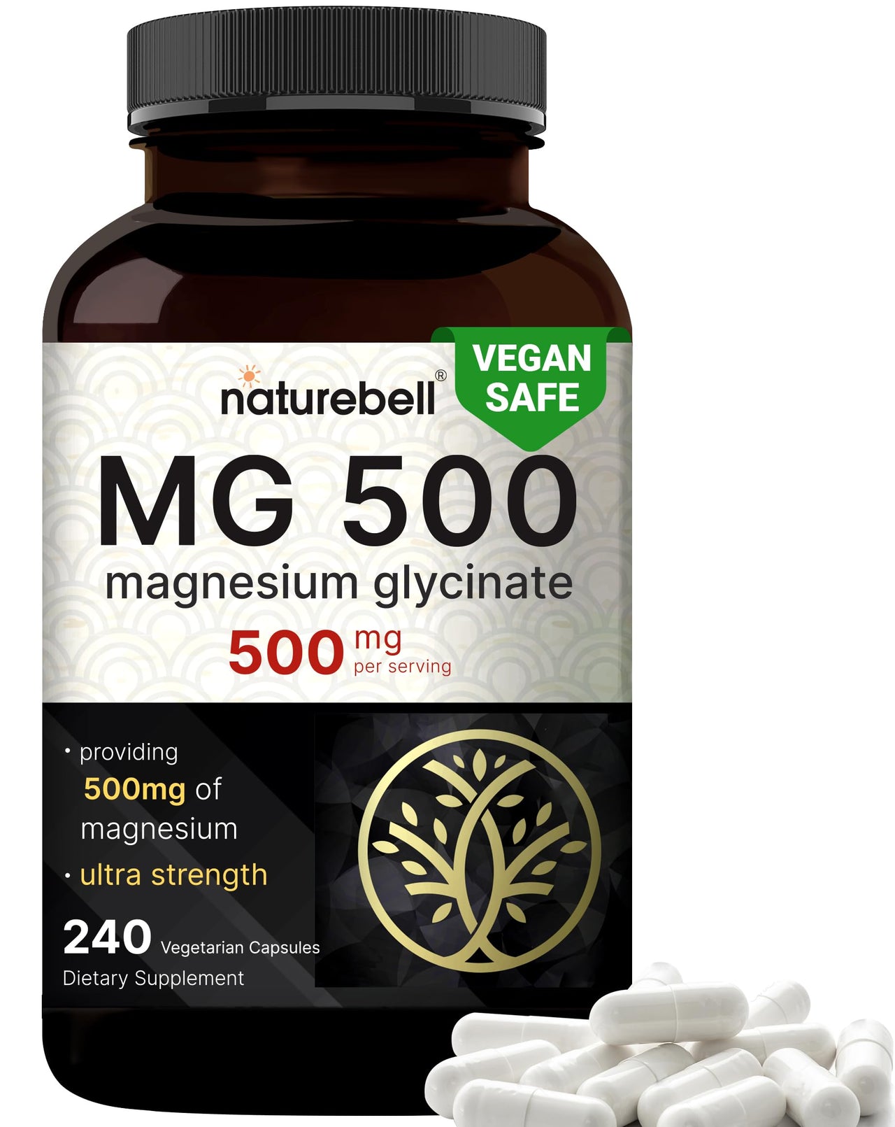NatureBell Magnesium Glycinate 500mg, 240 Capsules | 100% Chelated & Purified | Sleep, Muscle & Nerve Support | Non-GMO, Gluten-Free