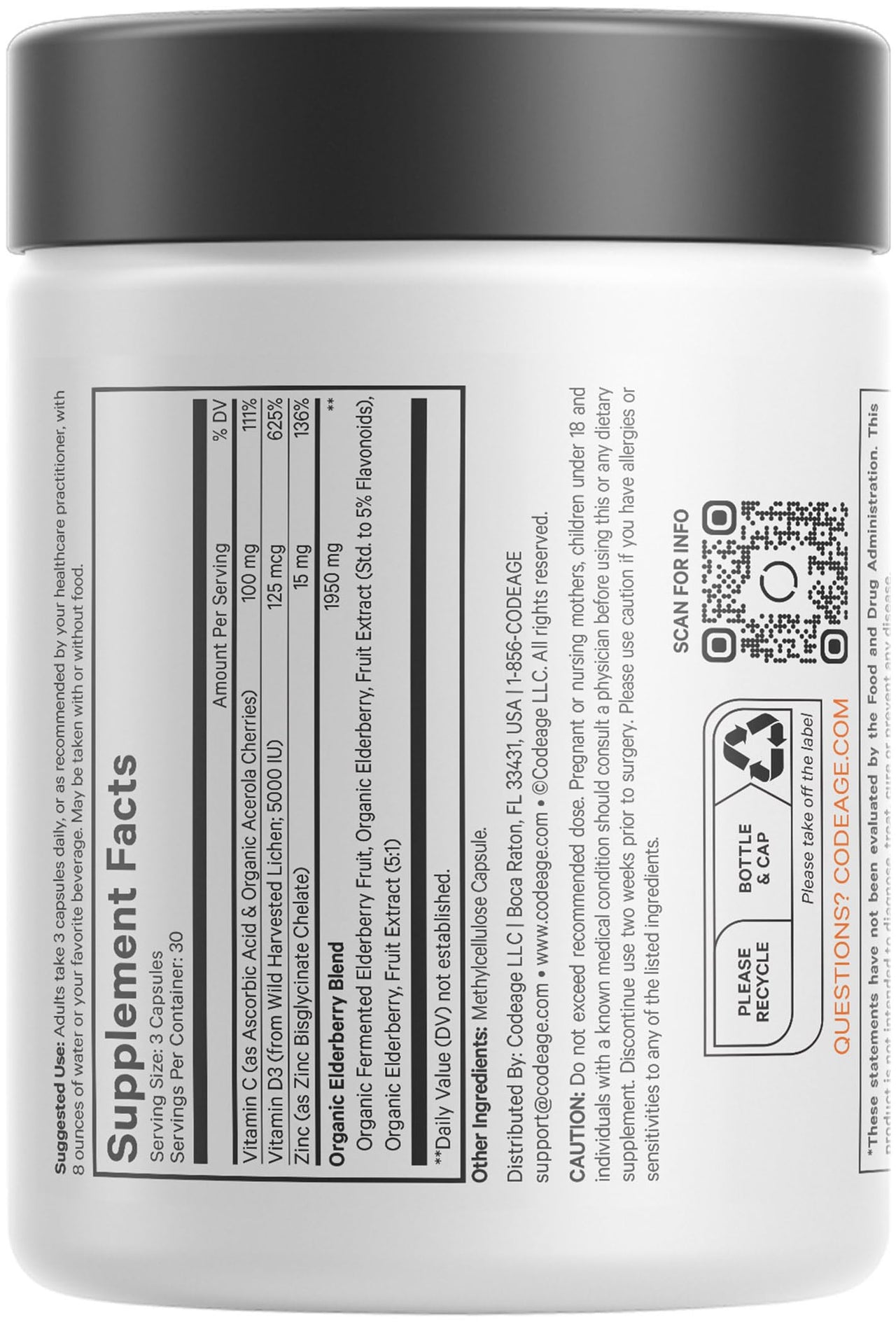 Codeage Elderberry Vitamins - Organic Fermented Elderberry Blend, Vitamin C from Ascorbic Acid & Organic Acerola Cherries, Vitamin D3, Zinc, Sambucus Berries - 90 Capsules