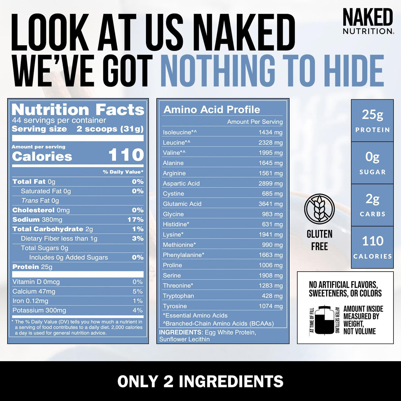 Naked 3LB Non-GMO Egg White Protein Supplement Powder, Unflavored, No Additives, Paleo, Dairy Free, Gluten Free, Soy Free – 25g Protein, 44 Servings, 3 pounds