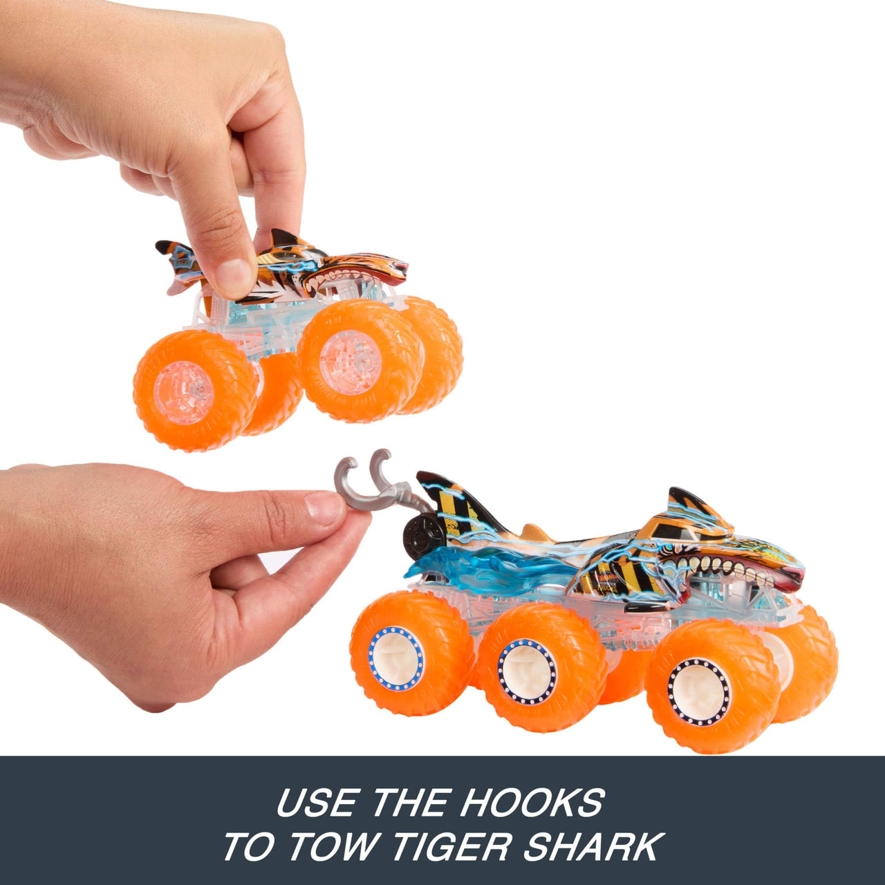 Hot Wheels Monster Trucks Multipack, 1:64 Scale Mega-Wrex & Tiger Shark Toy Trucks with Big Rigs in Matching Power Smashers Deco