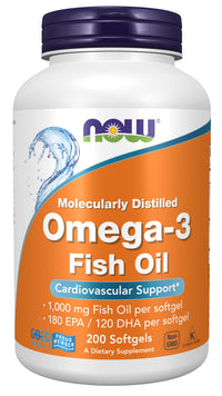 Thumbnail for NOW Foods Supplements, Omega-3 180 EPA / 120 DHA, Molecularly Distilled, Cardiovascular Support*, 200 Softgels