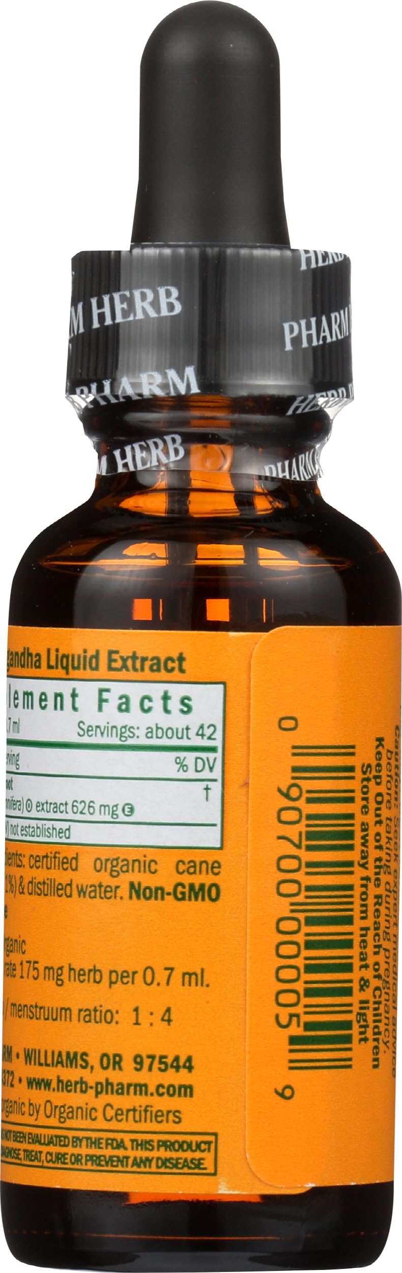 Herb Pharm Certified Organic Ashwagandha Extract for Energy and Vitality, Grain, Organic Cane Alcohol, 1 Ounce