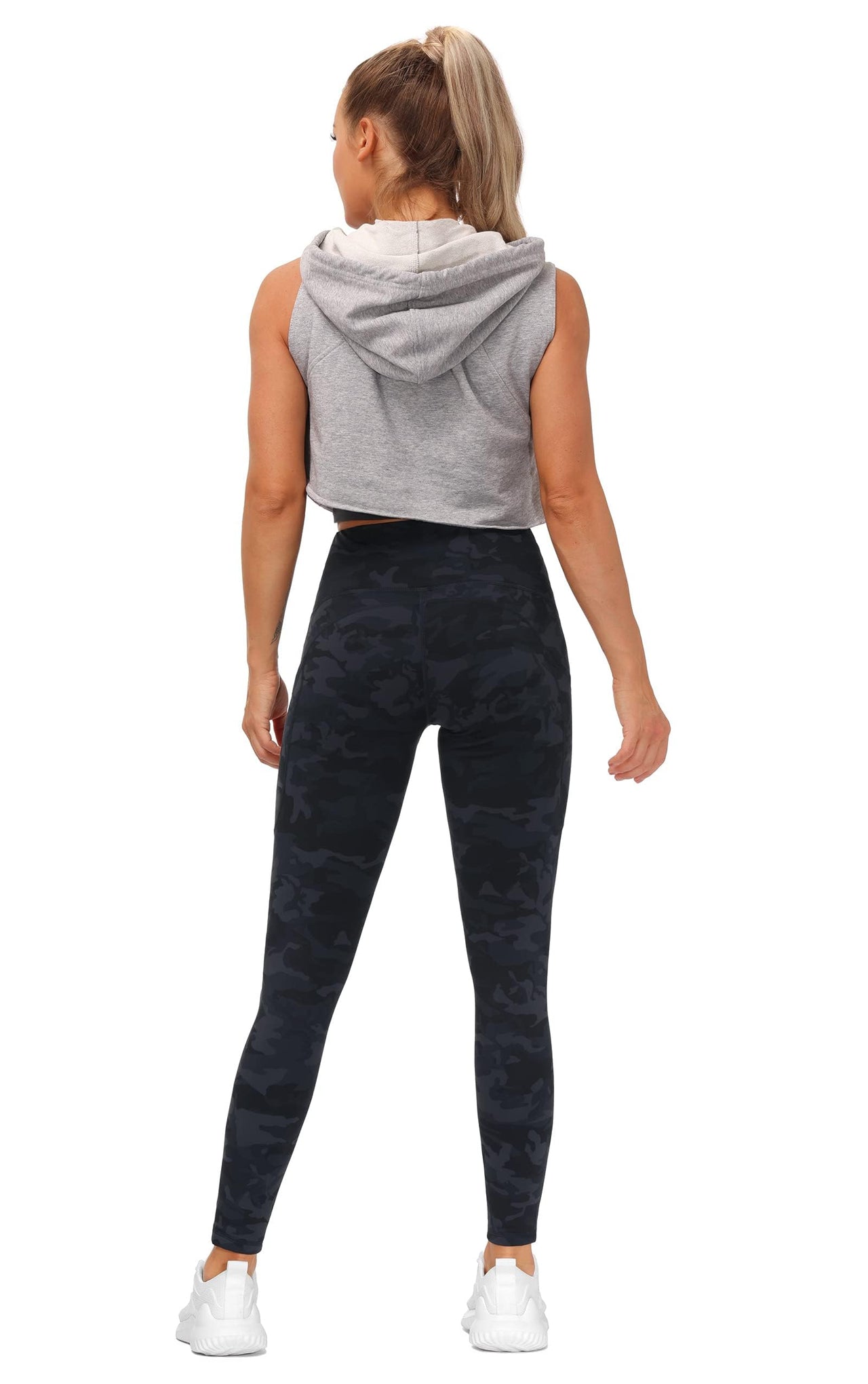 THE GYM PEOPLE Thick High Waist Yoga Pants with Pockets, Tummy Control Workout Running Yoga Leggings for Women (Medium, Black-Grey Camo)