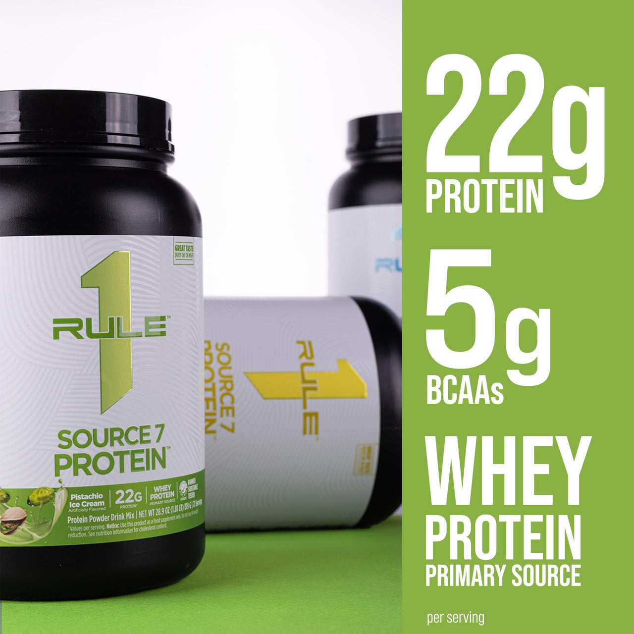 Rule 1 Proteins Source 7 Protein – Decadent Flavor, Velvety Smooth Texture, 22g Anytime Protein, and 10g Naturally Occurring EAAs Per Serving from 7 Premium Sources (1.8 Pounds, Pistachio Ice Cream)