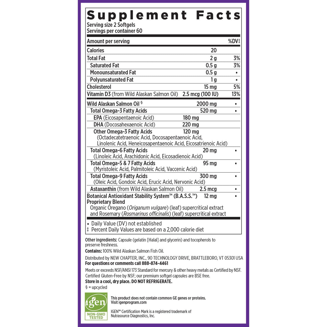 New Chapter Wholemega Fish Oil Supplement - 2000mg per Serving, Clinically Proven Wild Alaskan Salmon Oil with Omega-3 + Vitamin D3 + Astaxanthin, 120 Softgels