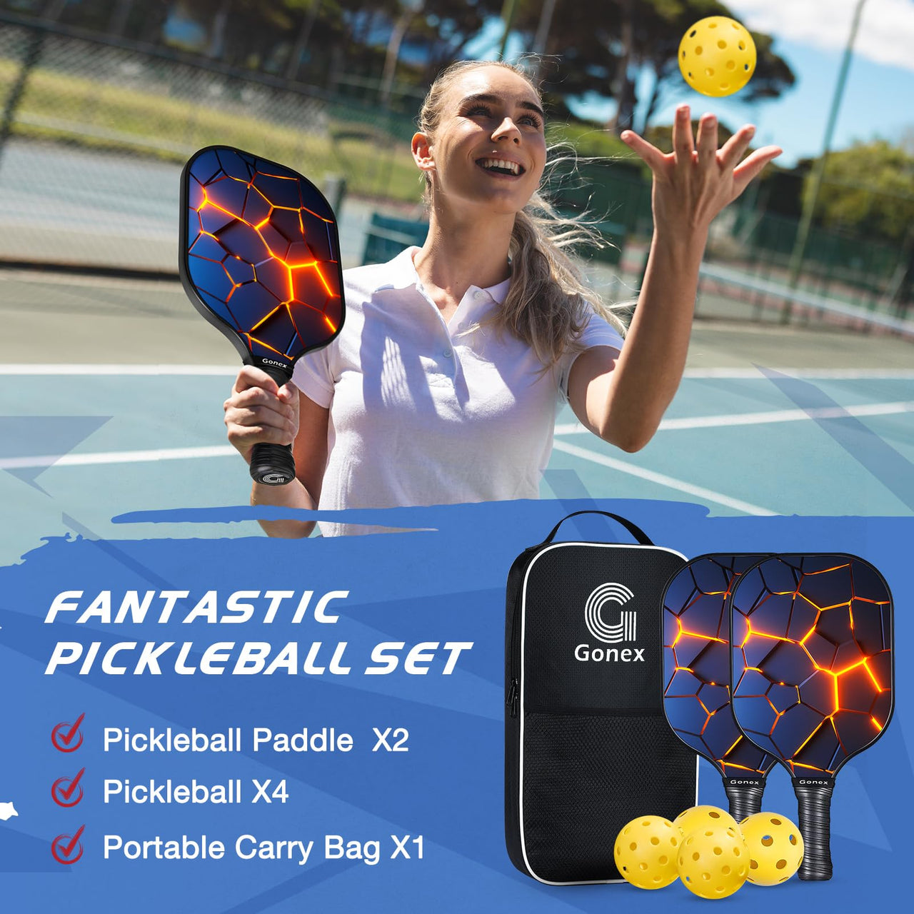 Gonex Pickleball Paddles, USAPA Approved Graphite Pickleball Rackets with Comfort Grip, Carbon Fiber Pickleball Set of 2/4 Paddles with 4 Balls, Portable Carry Bag