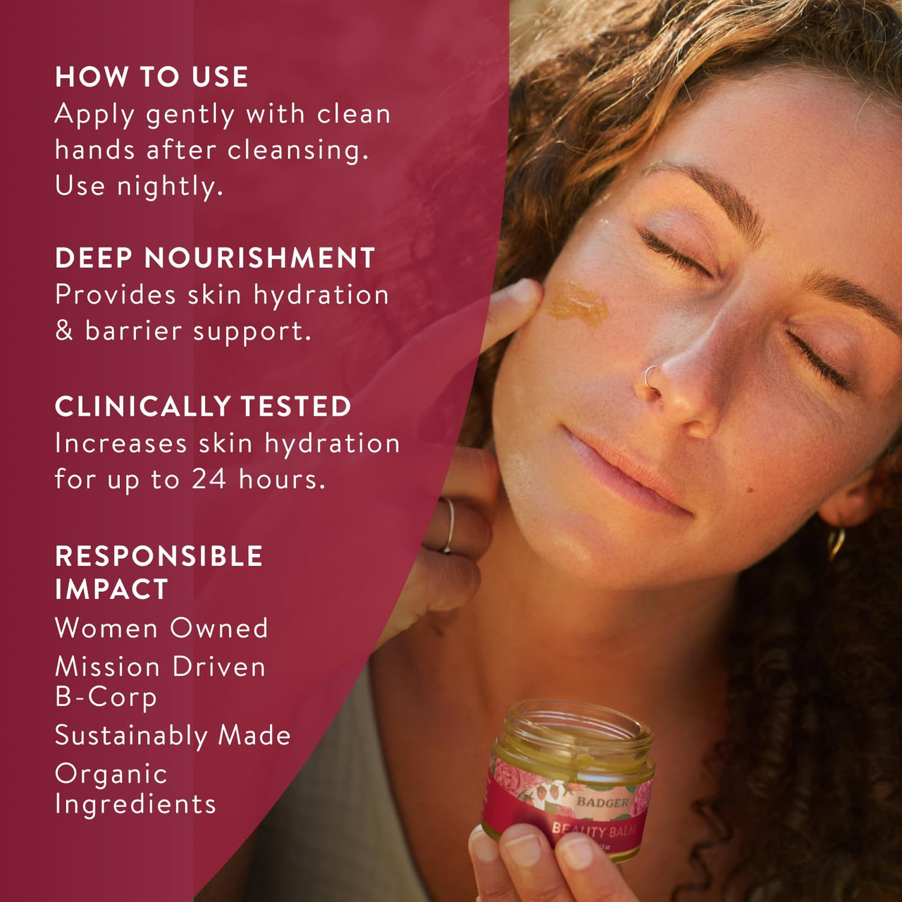 Badger Rose Beauty Balm, 100% Organic Nourishing Treatment For Face, Neck & Hands w/Pure Rose Essential Oil, Intensive Long Lasting Face Moisturizer for Women & Men, 1 oz Glass Jar