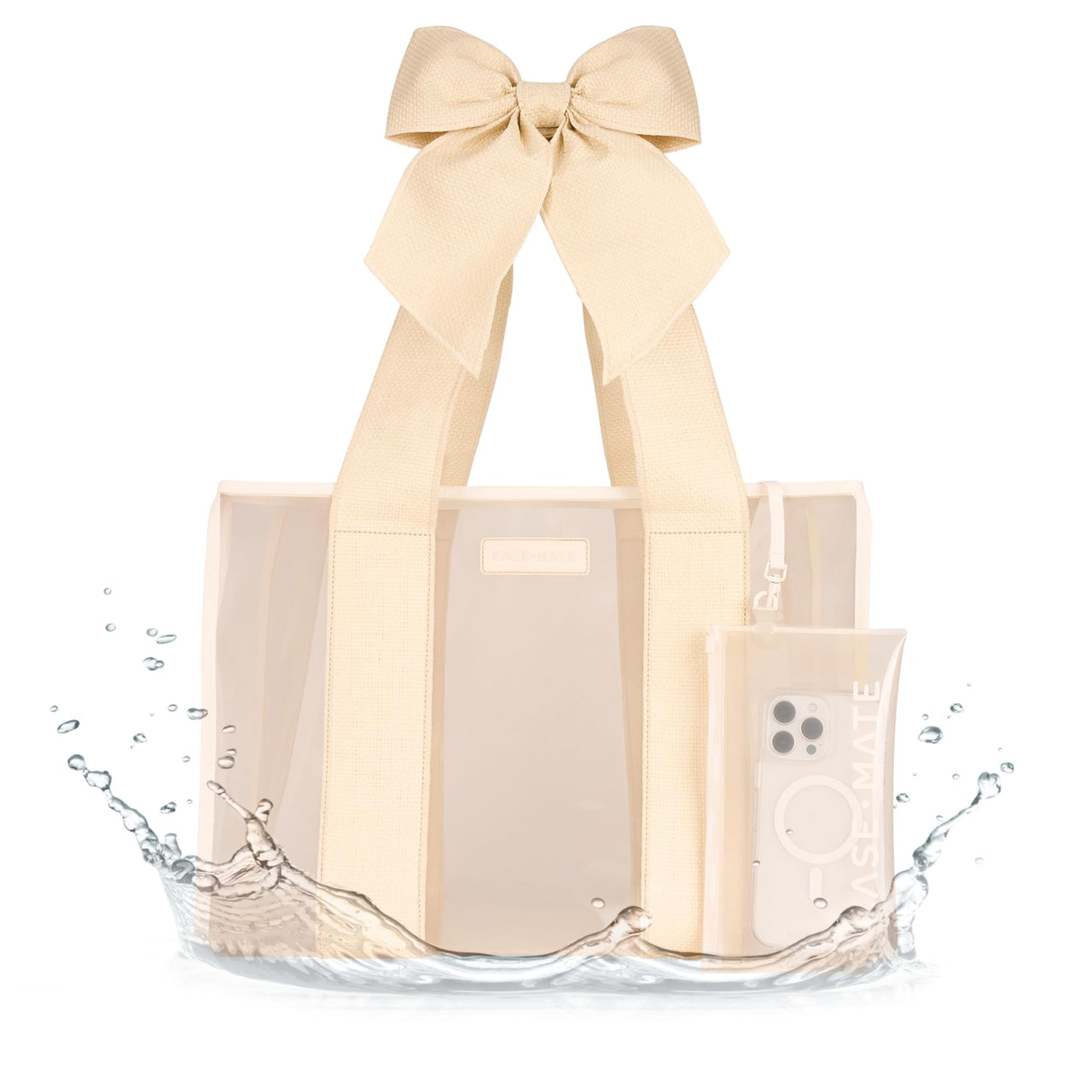 Case-Mate Special Edition Ecru Raffia Bow Beach Tote - Lightweight Beach Bag w/Phone Pouch for Women - Waterproof, Tip-Proof, Foldable & Carry-On Size - Tote Bag for Pool, Travel and Vacation - Large
