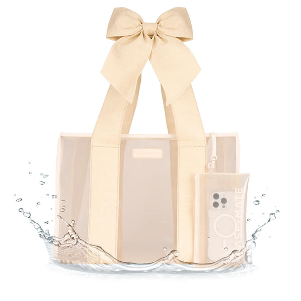 Case-Mate Special Edition Ecru Raffia Bow Beach Tote - Lightweight Beach Bag w/Phone Pouch for Women - Waterproof, Tip-Proof, Foldable & Carry-On Size - Tote Bag for Pool, Travel and Vacation - Large