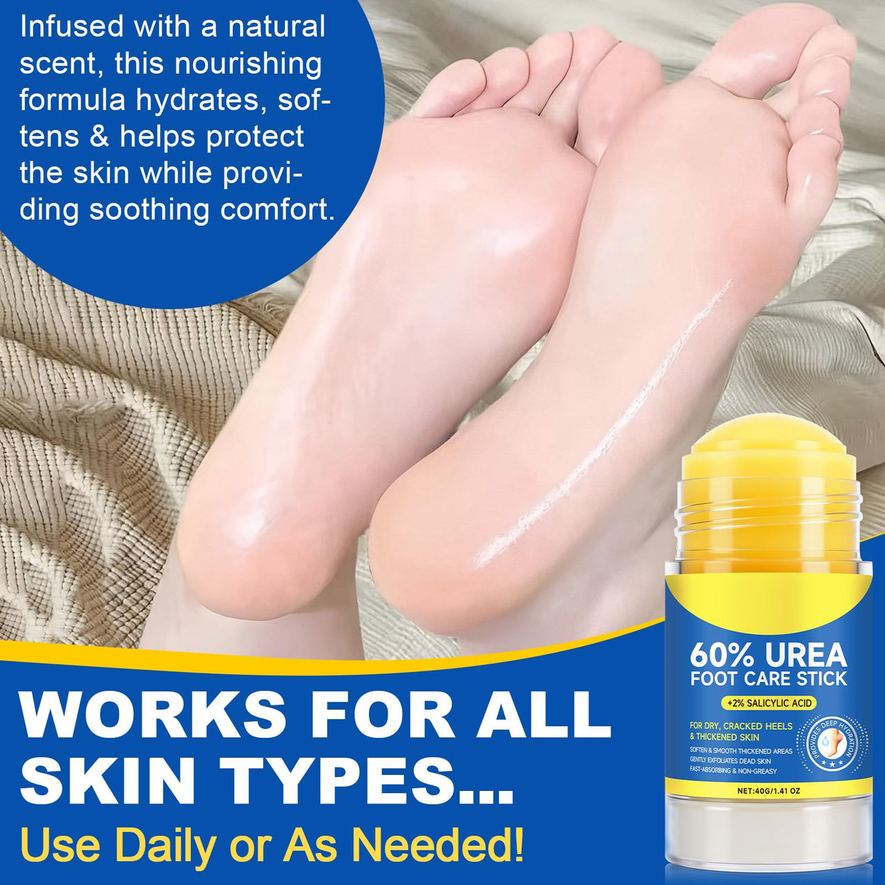Urea Cream Stick 60% Plus 2% Salicylic Acid, Extra Strength Urea Foot Cream for Dry Cracked Heels, Callus Remover for Feet,Moisturizing Lotion for Hands, Knees,Elbows,Softens and Exfoliates Dead Skin