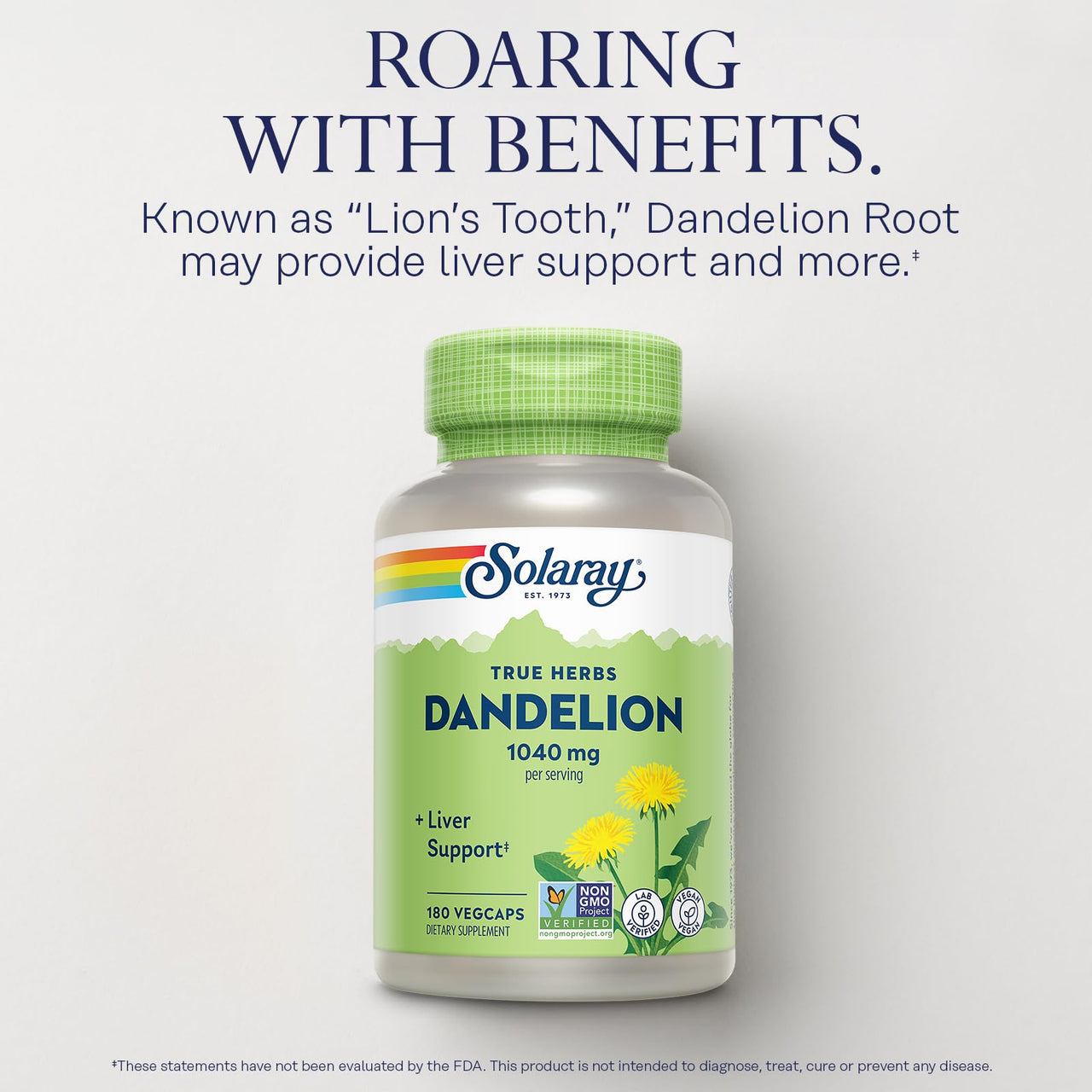 SOLARAY Dandelion Root Supplement - Healthy Kidney and Liver Support - 1,040 mg per Serving - Vegan, Lab Verified, 60-Day Guarantee - 90 Servings, 180 VegCaps