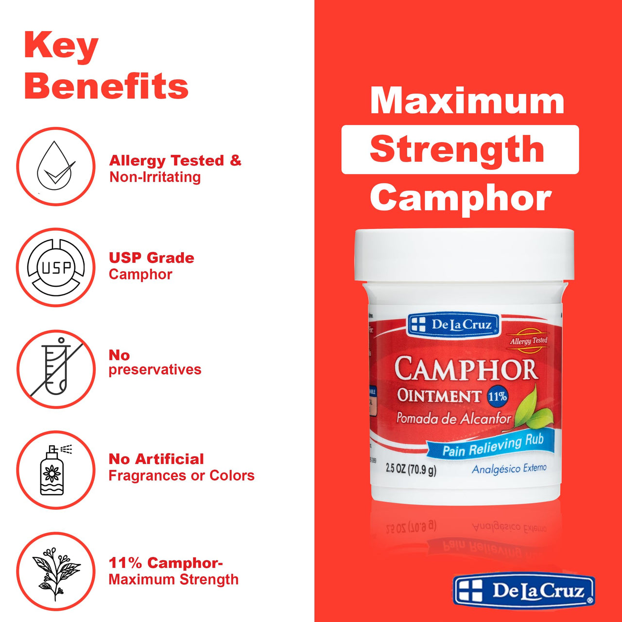 De La Cruz Cream - Maximum Strength Muscle and Joint Camphor Ointment to Reduce Pain 11% (2.5 oz (Pack of 2))