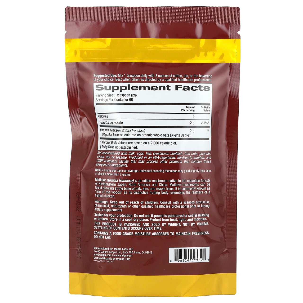 California Gold Nutrition Fungiology®, Certified Organic Maitake Powder, 4.2 oz (120 g)
