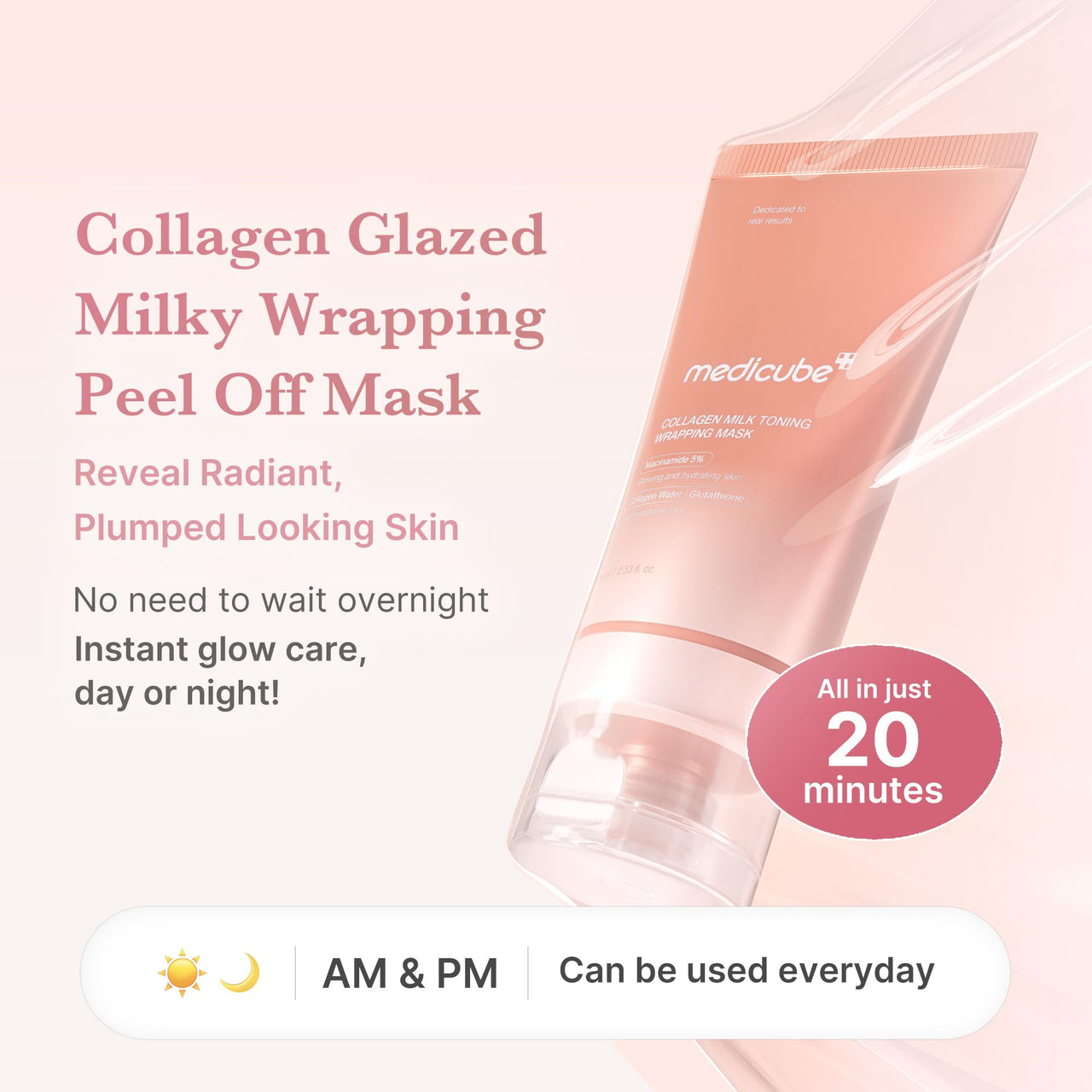 medicube Collagen Glazed Milky Glow Daytime Wrapping Mask | Quick & Easy-to-Peel Mask for Radiance, Hydration & Smooth Texture | Glutathione, Niacinamide, 130Da Collagen for Plumped, Glass Glow Skin