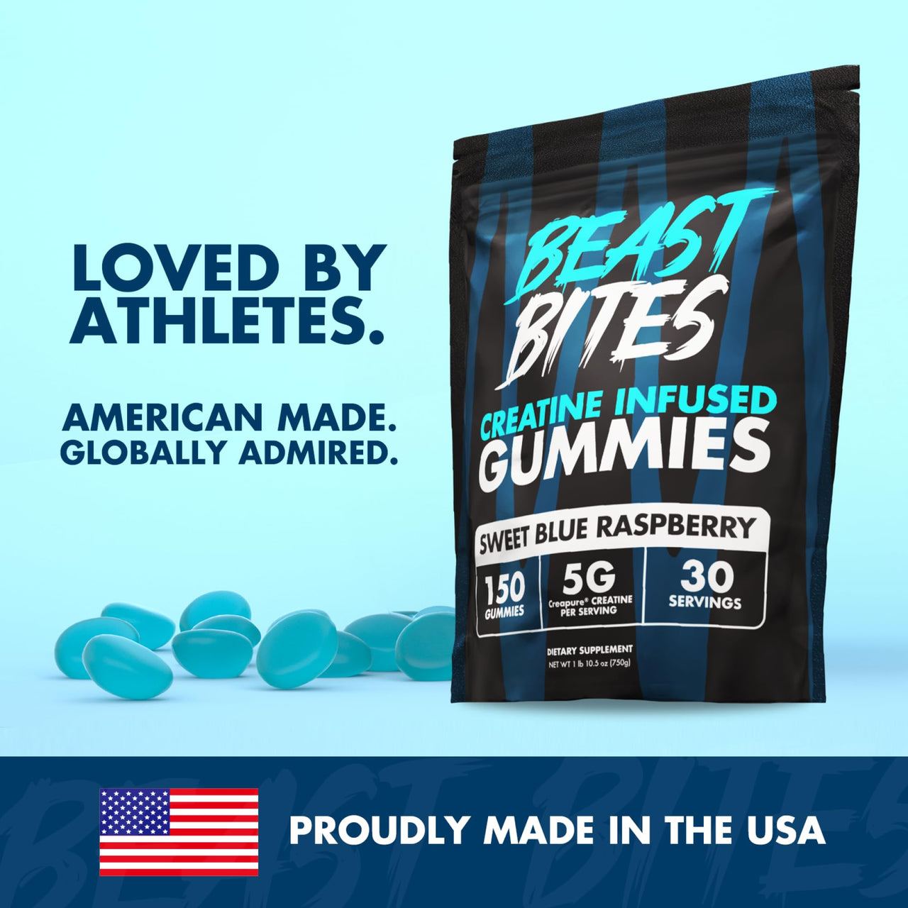 BEAST BITES - Creatine Infused Gummies - 5g Creapure Creatine Monohydrate Per Serving - NSF Certified for Sport - 30 Servings (Blue Raspberry)