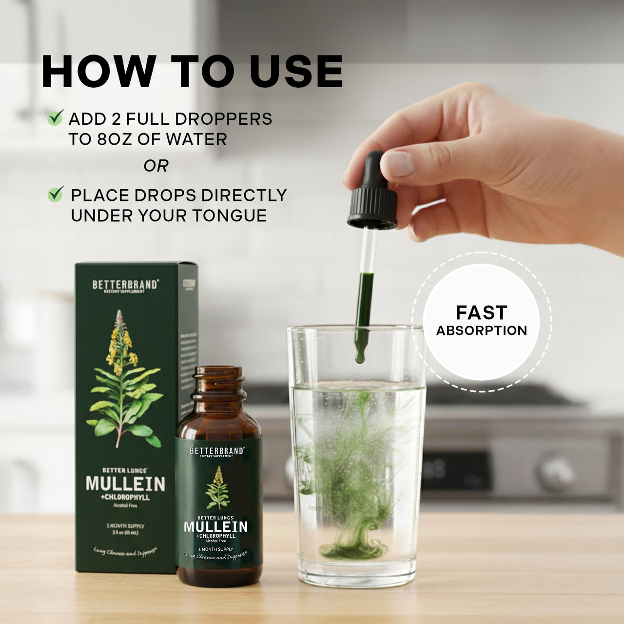 Betterbrand Mullein Drops for Lung Detox - Mullein Leaf Tincture with Chlorophyll - Helps Support Respiratory Health, Alcohol-Free, 1 Month Supply - 60ml