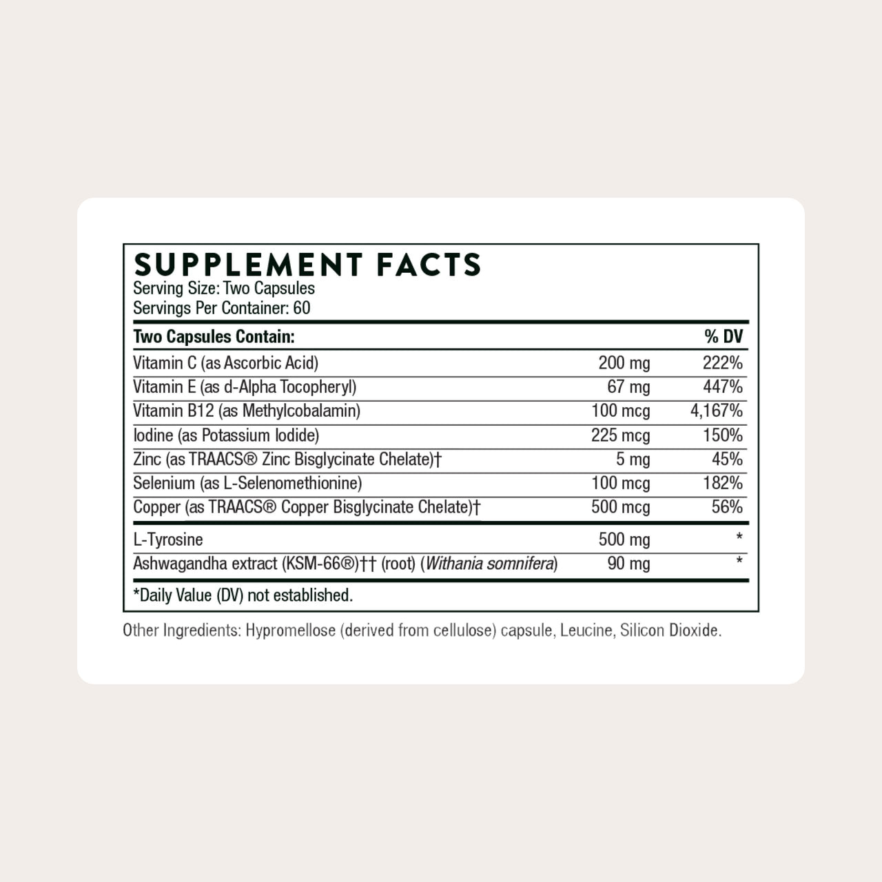 THORNE - Thyroid Health Complex - Cofactors for Function Support* - Vitamins B12, C & E, Ashwagandha, Iodine, Zinc, Selenium, Copper & L-Tyrosine - Third-Party Certified - 120 Capsules