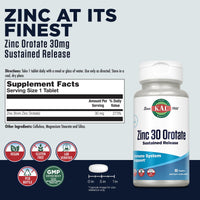 Thumbnail for KAL Zinc Orotate 30mg, Sustained Release, Chelated Zinc Tablets, Immune Support Supplement, Protein Synthesis, Metabolism, Energy Support, Vegan, Gluten Free, 60-Day Guarantee, 90 Servings, 90 Tablets