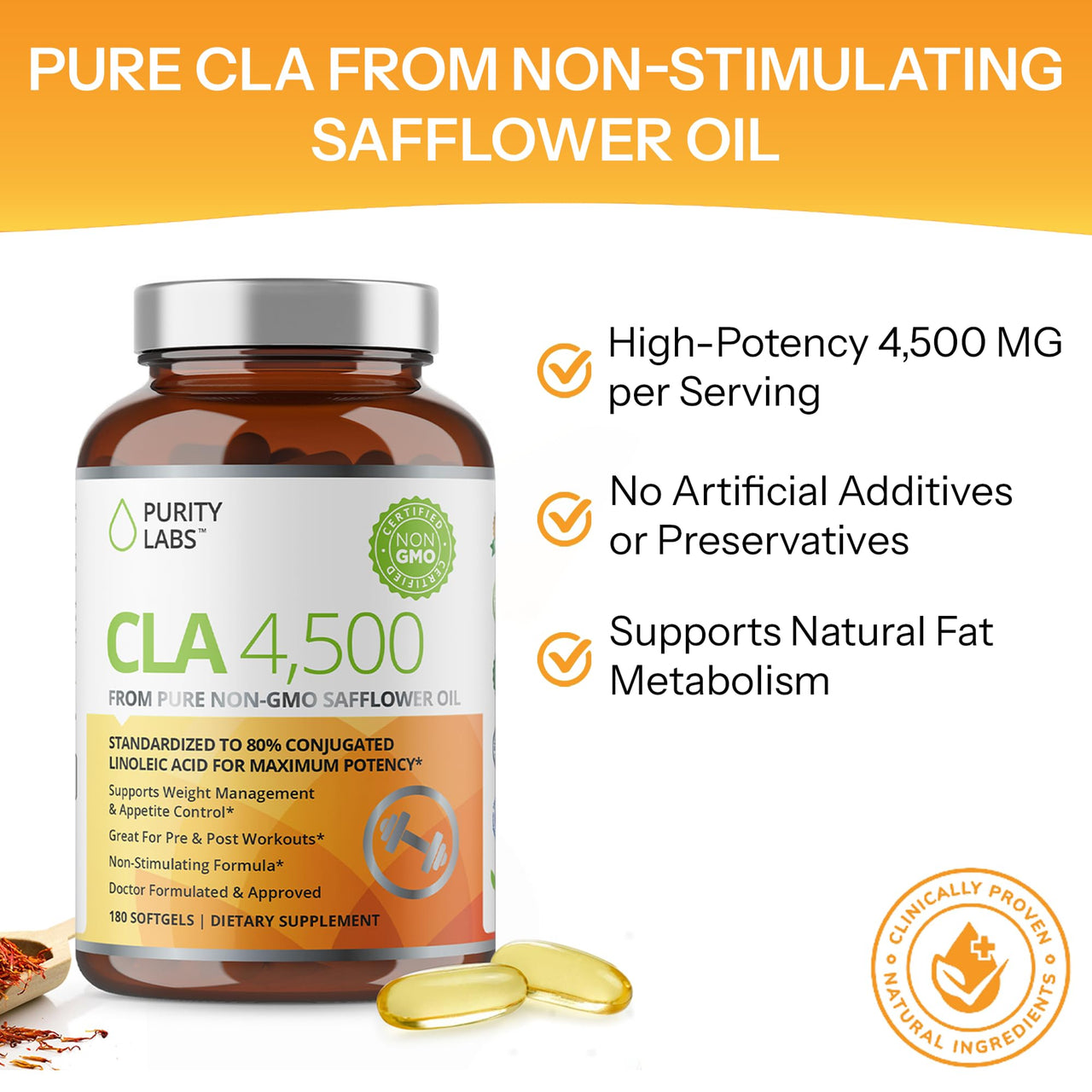 Purity Labs CLA Supplements 4500MG - Non-GMO Safflower Oil - Supports Energy, Weight Loss, Heart Health, and Muscle Health - 180 Soft gels