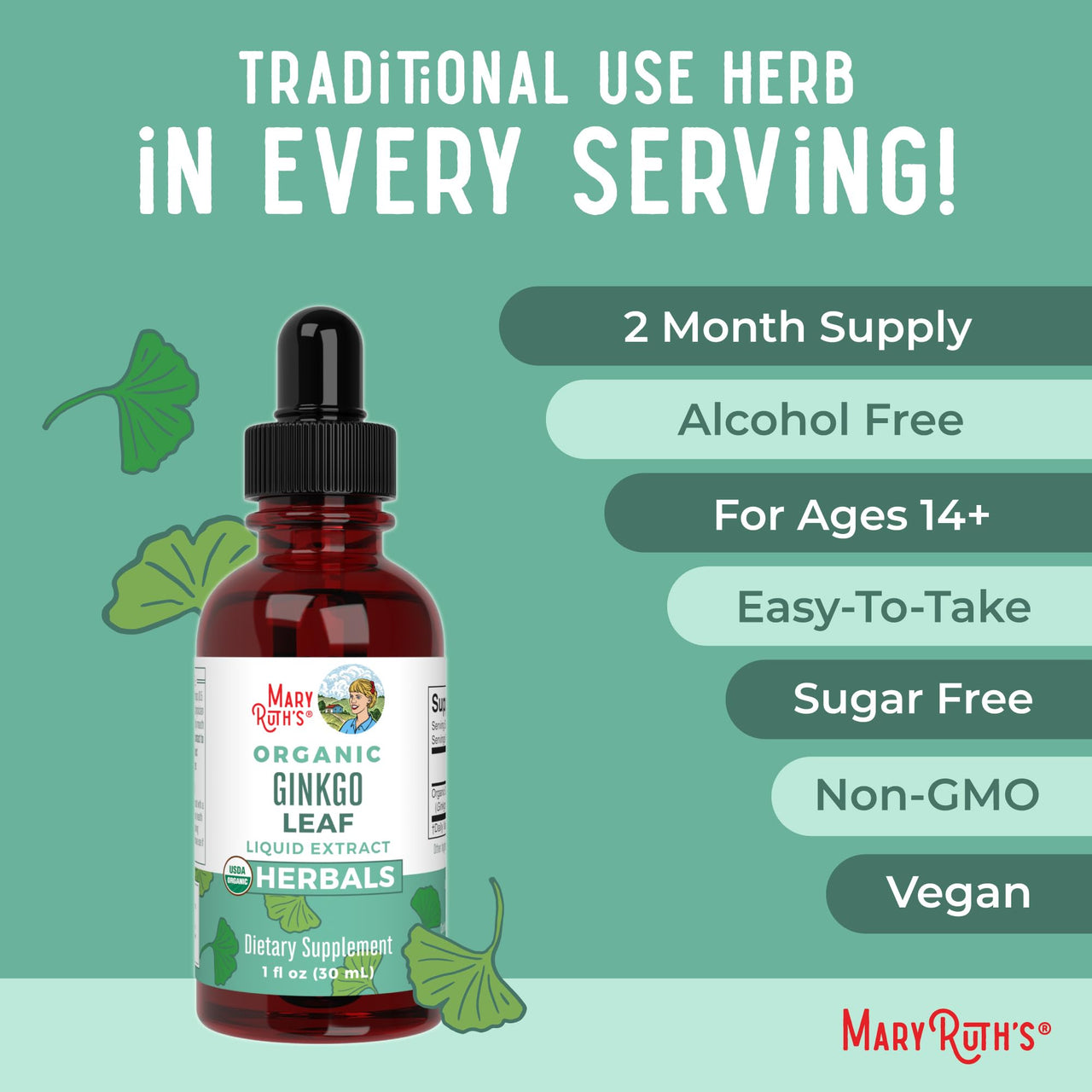 MaryRuth Organics Ginkgo Leaf Liquid Drops | Herbal Supplement | Nootropic | Circulatory System & Nervous System Health | USDA Organic | Non-GMO | Vegan | 60 Servings