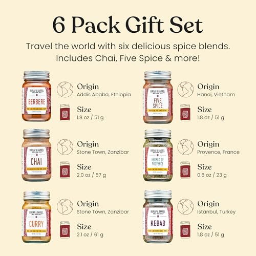 Image 3 of Burlap & Barrel Spices of the World 6-Pack Gift Set- As Seen on Shark Tank! Travel the World With 6 Delicious Spice Blends- Includes Chai, Five Spice & More - 6 Full Size Jars