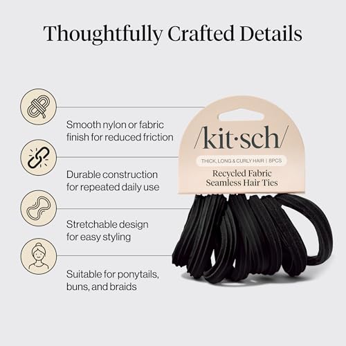 Image 4 of Kitsch Seamless Hair Ties No Damage - Stretchy Hair Bands - Black, 8pcs