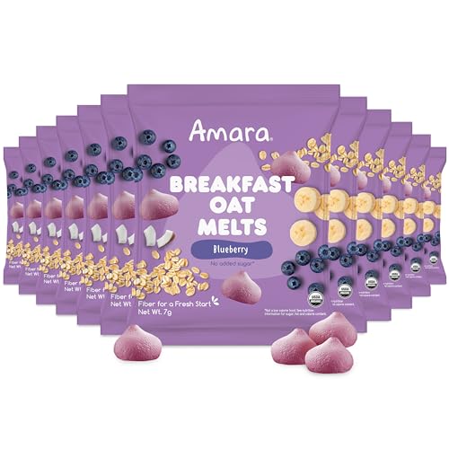 Image 1 of Default Title for the product Amara Breakfast Oat Melts - Organic Toddler Snack - Single Serve Fiber-Packed Oat Bites with Real Fruit, No Added Sugar, Quick Dissolving, Blueberry - 12 Pack