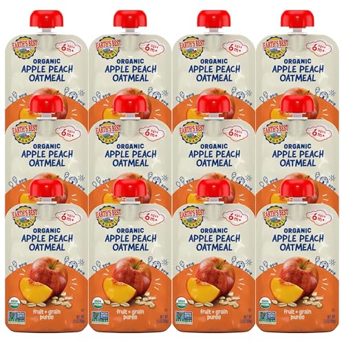 Image 1 of Default Title for the product Earth's Best Organic Baby Food Pouches, Fruit and Grain Puree for Babies 6 Months and Older, Organic Apple Peach and Oatmeal Puree, 3.5 oz Resealable Pouch (Pack of 12)
