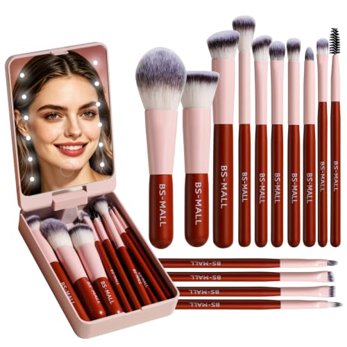 Image 3 of Pinkred for the product BS-MALL Makeup Brushes Foundation Powder Concealers Eye Shadows Makeup Set with LED Light Mirror 14 Pcs