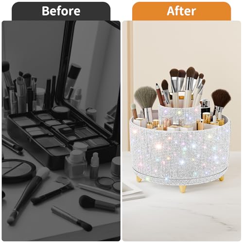 Image 7 of fanado Bling Diamond Makeup Brush Holder, 360° Rotating Makeup Organizer, 5 Slot Make up Brushes Cup for Countertop, Storage for Cosmetics Pen Eyeliner Skincare on the Vanity (Diamond white)