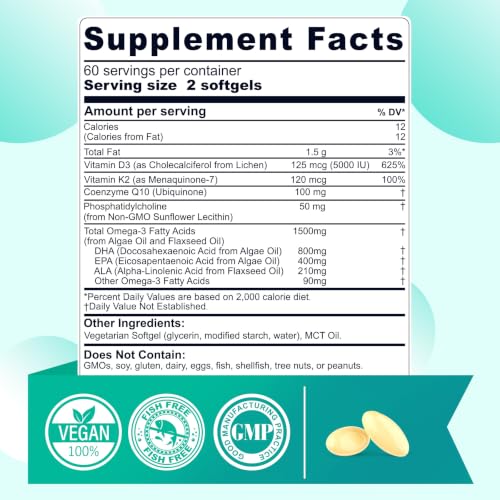 Image 2 of Nextdia Vegan Omega 3 EPA DHA ALA Supplements + CoQ10, Vitamin D3 K2 for Women Men