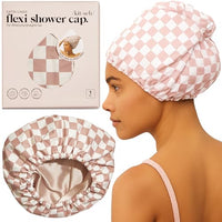 Thumbnail for Image 1 of Terracotta Checker / Regular for the product Kitsch Luxury Satin-Lined Flexi Shower Cap for Women