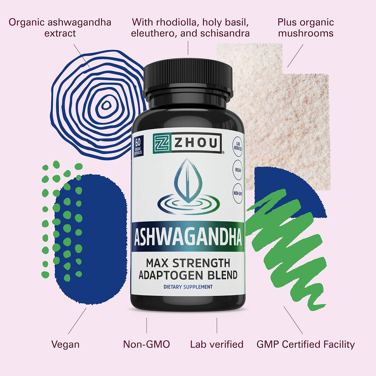 Zhou Nutrition Ashwagandha Capsules, Mood Enhancer, Energy Boost, Blend of Rhodiola, Holy Basil, Cordyceps, Reishi & Ashwagandha Supplement, 30 Servings, 60 Capsules