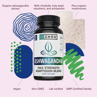 Thumbnail for Zhou Nutrition Ashwagandha Capsules, Mood Enhancer, Energy Boost, Blend of Rhodiola, Holy Basil, Cordyceps, Reishi & Ashwagandha Supplement, 30 Servings, 60 Capsules