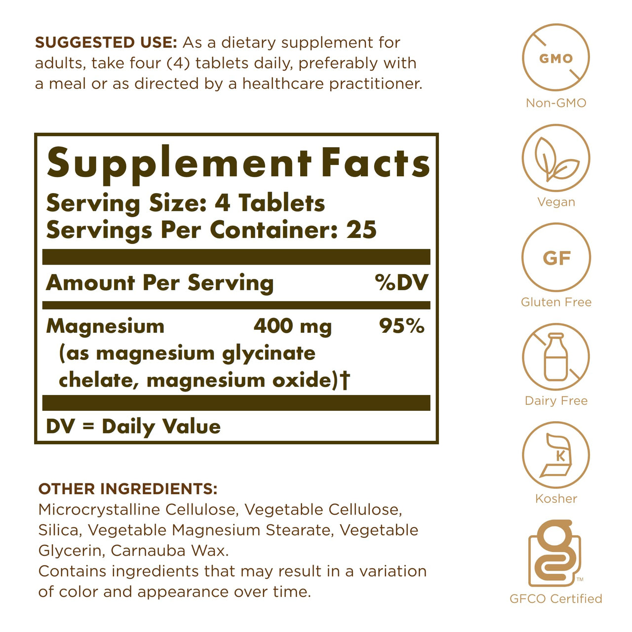 Solgar Chelated Magnesium - 100 Tablets - Supports Nerve & Muscle Function - Non-GMO, Vegan, Gluten Free, Dairy Free, Kosher - 25 Servings