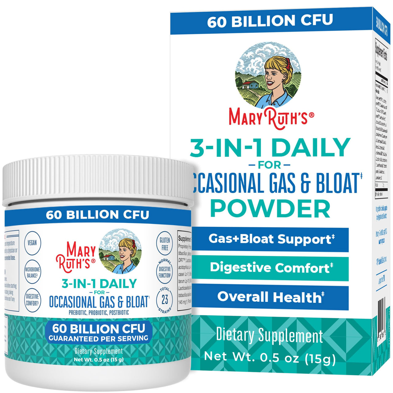 MARYRUTH'S 3-in-1 Gas & Bloat Probiotic Powder | Probiotics for Normal Digestive Function | Probiotics for Women & Men | Prebiotics & Postbiotics | 60 Billion CFU | 23 Unique Strains | 0.5 oz