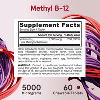 Thumbnail for Jarrow Formulas Methyl Vitamin B12 5000 mcg - 60 Chewable Tablets, Naturally Fruit Flavored- Bioactive B12 Vitamin - Supports Cellular Energy Production, Brain Health & Metabolism - 60 Servings